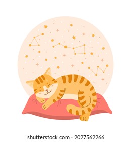 Animal concept illustration for kids. Character for children in flat style. Cute kitten sleeping on a soft red pillow. Vector illustration for nursery.