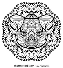 Animal concept. Line design. The head of a Koala. Monochrome ink drawing with tribal patterns. Zenart. Coloring book for adults. T-shirt, bag design
