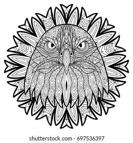 Animal concept. Line design. The head of a eagle. Monochrome ink drawing with tribal patterns. Zenart. Coloring book for adults. T-shirt, bag design