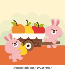 Animal Concept. The Rabbit Family Is A Fruit Seller. There Is A Big Order Today. He Sold A Full Car Of Fruit. Now He Is Hauling Fruit Trucks To Deliver Goods To Customers