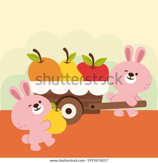 Animal concept. The rabbit\
family is a fruit seller. There is a big order today. He sold a\
full car of fruit. Now he is hauling fruit trucks to deliver goods\
to customers