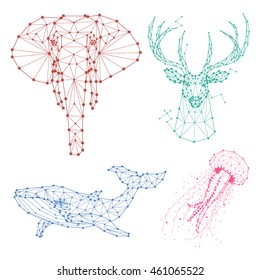 animal constellation polygon , star , style , elephant, whale, deer, jellyfish , vector illustration