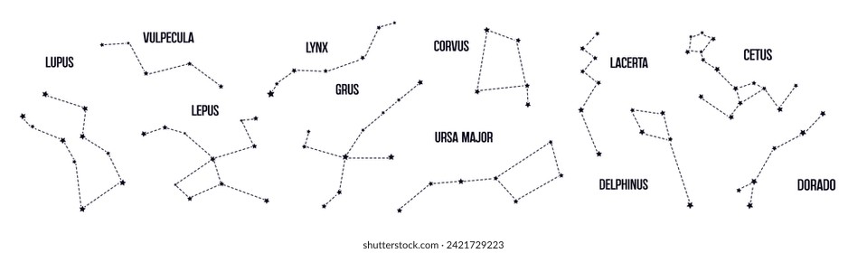 constelaciones animales. colección de 11 constelaciones. patrones de estrellas. komos, conjunto astrológico