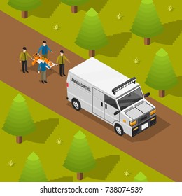 Animal control isometric composition with people transporting tiger on stretcher to provide medical care vector illustration