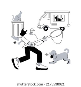 Animal control service abstract concept vector illustration. Animal population control, rescue service, catching of stray dogs and cats, dead body removal, urbanistic problems abstract metaphor.