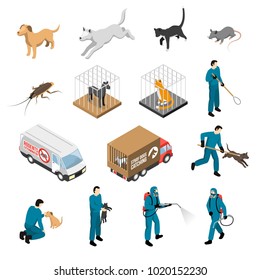 Animal control service, catching of stray dogs and cats, fighting with pests isometric set isolated vector illustration