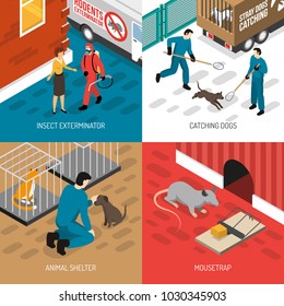 Animal control services 4 isometric icons square concept with stray dog catching and insects extermination vector illustration 