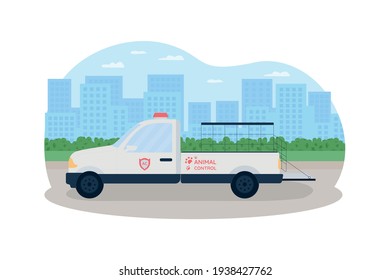 Animal control truck 2D vector web banner, poster. Vehicle to catch stray dogs. Automobile on city road flat scenery on cartoon background. Homeless pet rescue printable patch, colorful web element