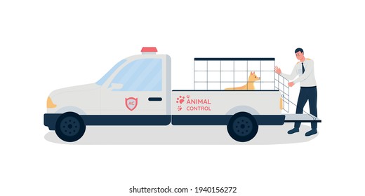 Animal Control Worker Flat Color Vector Faceless Character. Man Put Dog In Cage On Truck. Rescuing Pup. Pet Rescue Isolated Cartoon Illustration For Web Graphic Design And Animation