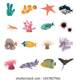 Animal coral reefs color flat icons set for web and mobile design