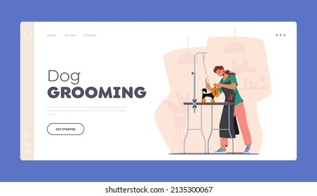 Animal Cosmetics Procedure Landing Page Template. Friendly Hairdresser Female Character Provides Grooming Service, Combing Dog with Long Hair in Salon. Cartoon People Vector Illustration