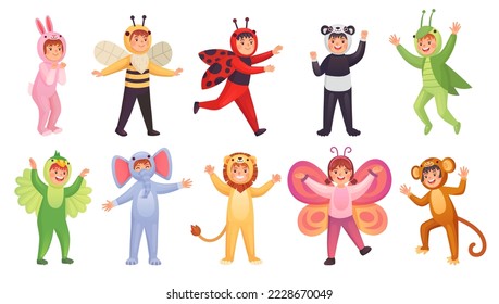Animal cosplay. Child masquerade of animals characters, carnival costum kids dress party children wearing cute costumes mascot in action pose ingenious vector illustration of masquerade animal