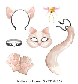 Animal cosplay set with cat mask. Therian subculture set. Quadrober clothes, accessories. Furry costume kit including animal face mask, fluffy tail, plush paw gloves for quadrobic, Halloween, role