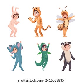 Animal costumes. Kids party with carnival funny costumes exact vector children outfit