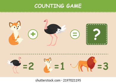 Animal counting game for children. Addition by counting cute. Kids puzzle concept. Flat vector illustration isolated.