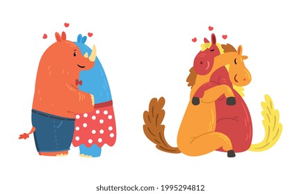 Animal Couples in Love Set, Cute Romantic Rhino and Horse Characters Hugging Cartoon Vector Illustration