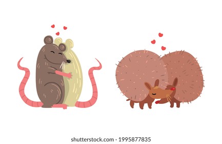 Animal Couples in Love Set, Cute Romantic Porcupine and Rat Characters Hugging Cartoon Vector Illustration