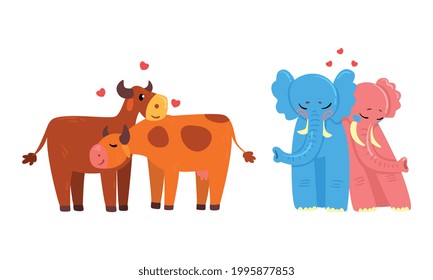 Animal Couples in Love Set, Cute Romantic Cow and Elephant Characters Hugging Cartoon Vector Illustration