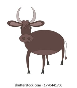 Animal cow brown flat in the shape of a circle. Drawing isolated on a white background. Stock vector illustration.