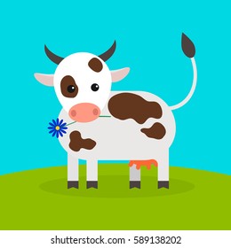 animal cow, vector icon. cow grazing in the field and holds in his mouth a flower