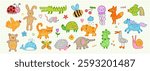 Animal of crayon. Child doodle art. Children cartoon marker. Chalk abstract pet. Hand drawn texture. Color pencil sketch. Vintage paper page. Elephant or crocodile. Sea whale. Vector baby illustration