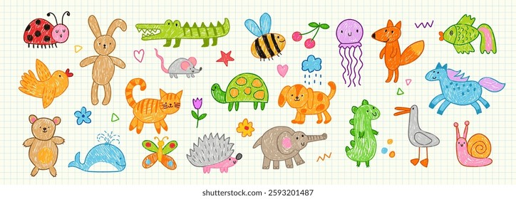 Animal of crayon. Child doodle art. Children cartoon marker. Chalk abstract pet. Hand drawn texture. Color pencil sketch. Vintage paper page. Elephant or crocodile. Sea whale. Vector baby illustration