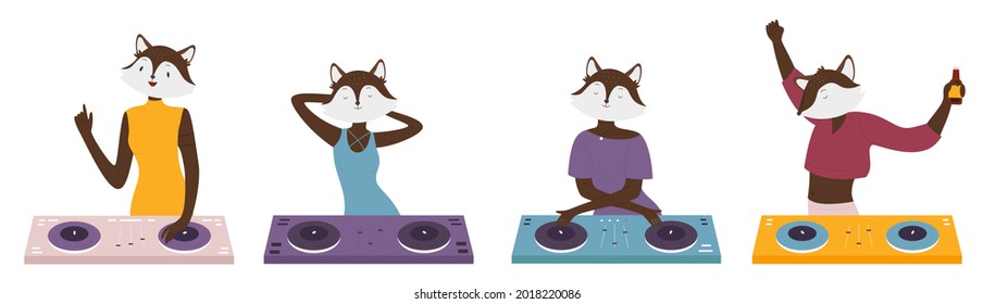Animal crazy dj set, black fox characters on music fun party discotheque vector illustration. Cartoon funny dj fox standing at turntable, playing mixing electronic disco in nightclub isolated