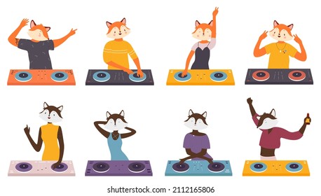 Animal crazy fox dj set vector illustration. Cartoon funny dj playing on music fun party discotheque in nightclub, hipster fox character standing at turntable, drinking beer isolated on white
