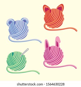 Animal Crochet Knitting Yarn ball colorful, orange blue green pink ,cat rabbit mouse.