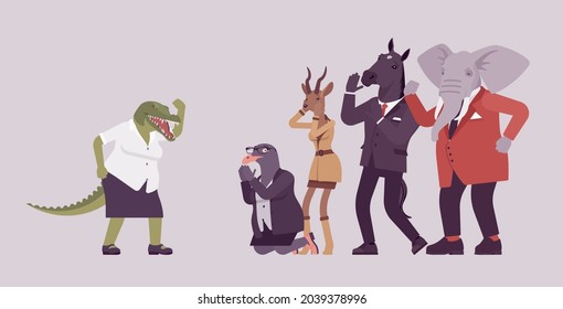 Animal crocodile attacking in anger elephant, roe, gull and horse. Workers and crying business female person of great power, office king in aggressive action against employees. Vector illustration