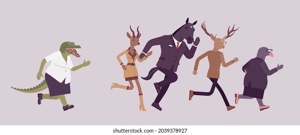 Animal crocodile chasing in anger deer, roe, gull and horse. Pursue to catch, angry crying business female person of great power, office boss in aggressive follow after employees. Vector illustration