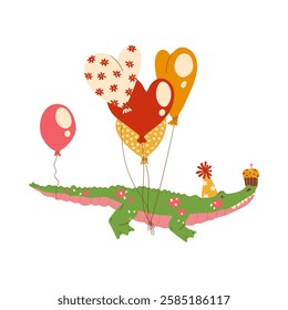 Animal crocodile in party cap carries gift, balloons for birthday
