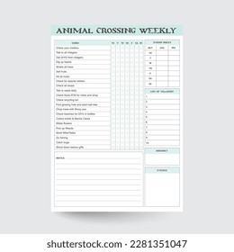 Lista de comprobación semanal de nuevos horizontes para animales,To Dos,Animal Crossing Daily Tasks - ACNH,Animal Crossing Checklist,anch printable,anch checklist,anch semanal