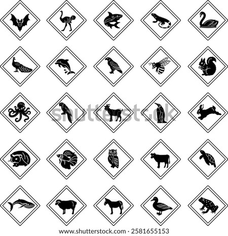 Animal Crossing Road Signs. Vector Icons Bat, Ostrich, Shark, Iguana, Swan, Peacock, Dolphin, Eagle, Bee, Squirrel, Octopus, Parrot, Goat, Penguin, Rabbit, and Others