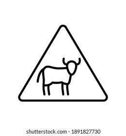 icono de advertencia de cruce de animales con estilo de línea negra plana, aislado en fondo blanco 