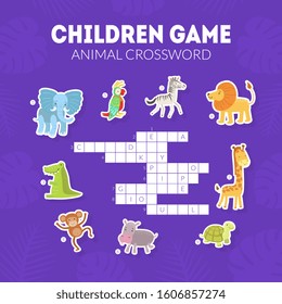 Animal Crossword, Childrens Educational Game with Exotic African Animals Vector illustration