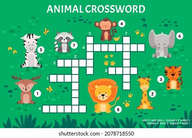 Animal crossword in english. Educational activity for kindergarten preschool, school game. Learning english language. Cartoon spelling puzzle test. Vector illustration.