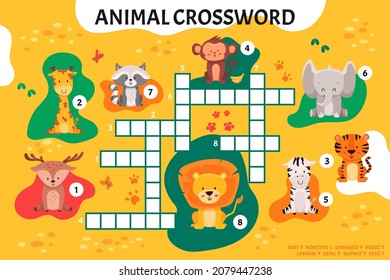 Animal crossword in english. Educational activity for kindergarten preschool, school game. Learning english language. Cartoon spelling puzzle test. Vector illustration.