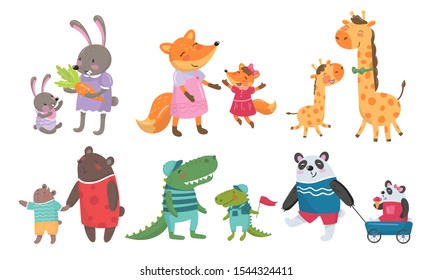 Animal Cubs And Their Parents Childish Vector Illustrations