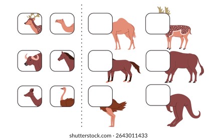 Animal cut out worksheet find and match animals horse deer kangaroo buffalo camel kids children activity 