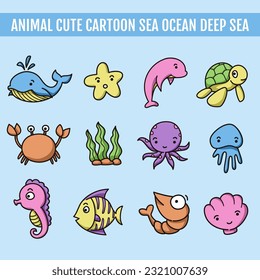 Animal cute cartoon sea ocean deep sea set. vector illustration.