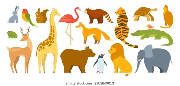 Animal cute cartoon set. Hare and parrot, squirrel, frog, giraffe. Panda and bear penguin. Mammals animals characters for baby card, invitation. Deer cat turtle fox lion tiger design vector collection