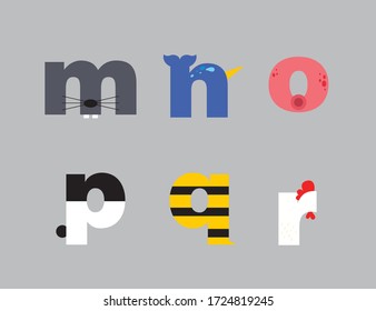 Animal cute colourful symbol alphabet from M to R lowercase