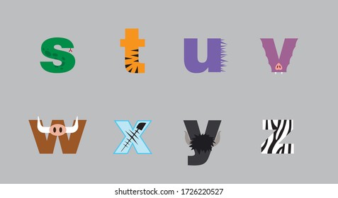 Animal cute colourful symbol alphabet from S to Z lowercase