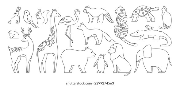 Animal cute doodle linear set. Hare and parrot, squirrel, frog, giraffe. Panda and bear penguin. Mammals animals characters for baby card. Deer cat turtle fox lion tiger outline design collection