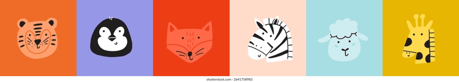 Animal cute face collection. Kawaii character animal head print set. Cartoon vector illustration