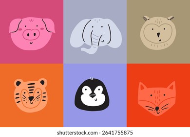 Animal cute face funky set. Kawaii character animal head print set. Cartoon vector illustration