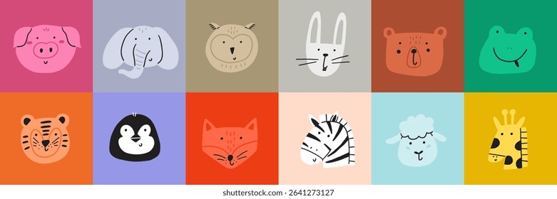 Animal cute face. Kawaii character animal head print set. Cartoon vector illustration