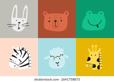 Animal cute face nursery set. Kawaii character animal head print set. Cartoon vector illustration