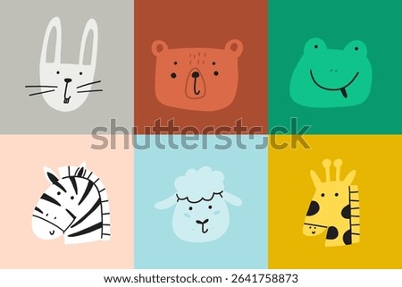 Animal cute face nursery set. Kawaii character animal head print set. Cartoon vector illustration